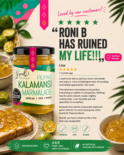 RoniBs Kitchen Filipino Kalamansi Marmalade with Don Papa Rum in a jar, showcasing vibrant citrus jam with a golden hue.