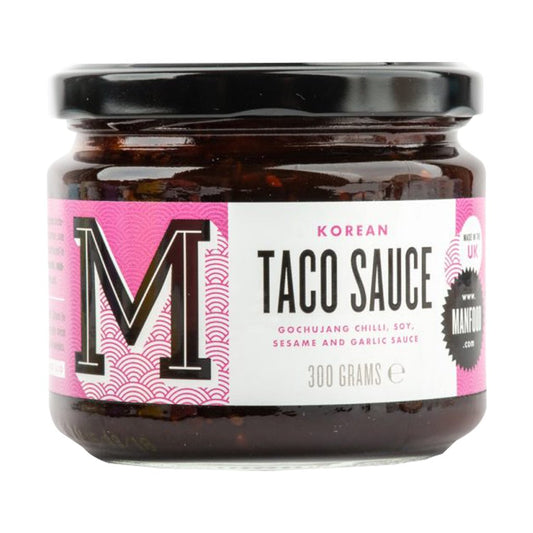Manfood Korean Taco Sauce bottle, spicy and flavorful sauce with vibrant packaging, ideal for enhancing taco dishes.