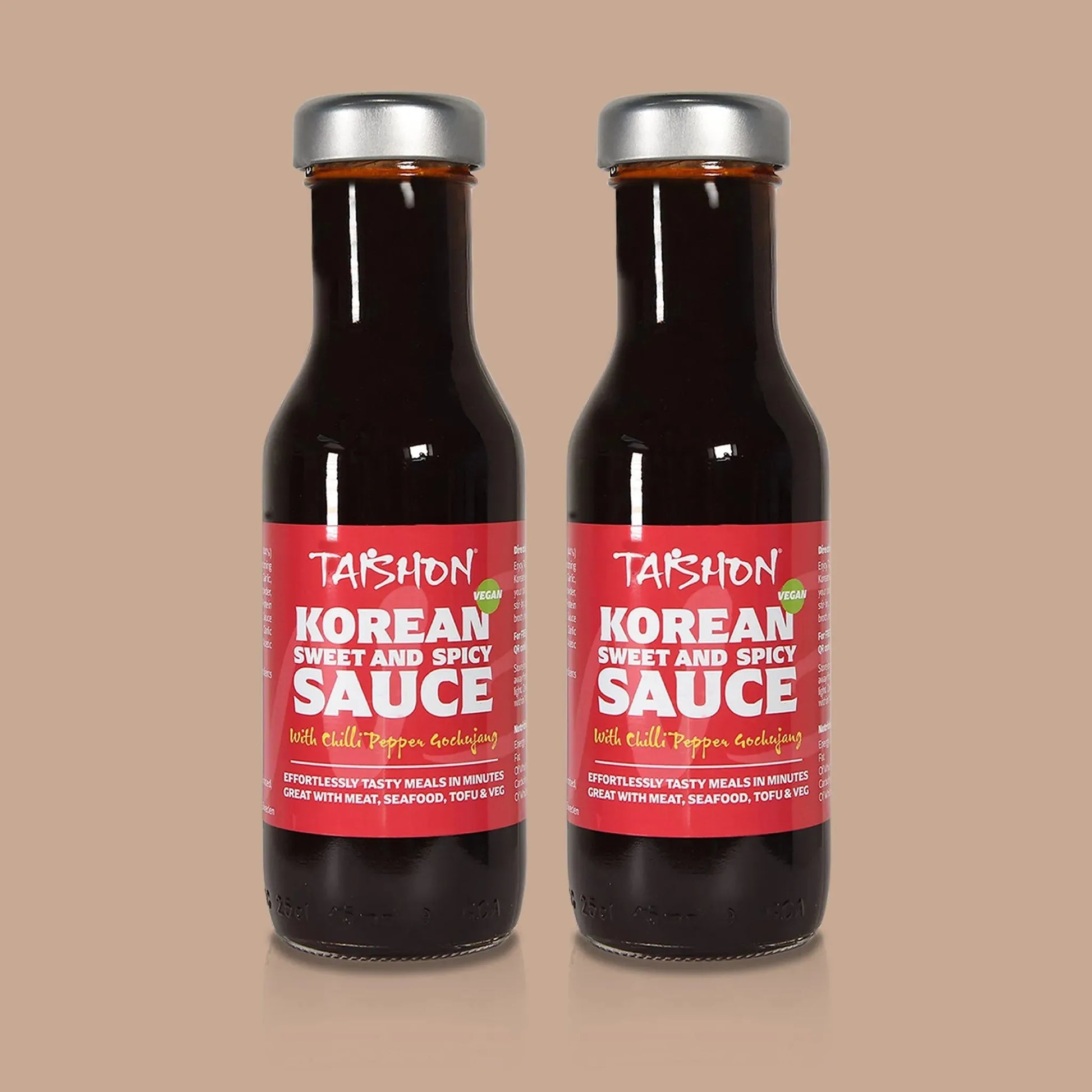 Taishon Korean sweet and spicy vegan sauce in a beige jar, ideal for condiments and flavoring dishes