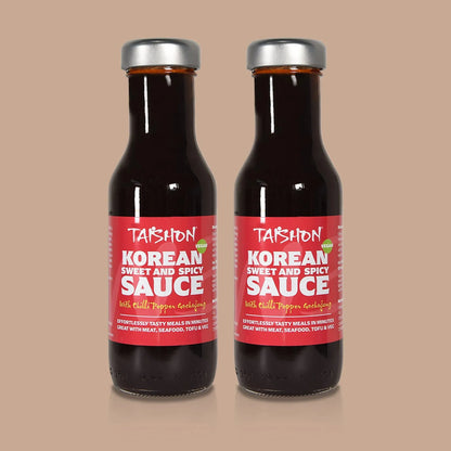 Taishon Korean sweet and spicy vegan sauce in a beige jar, ideal for condiments and flavoring dishes