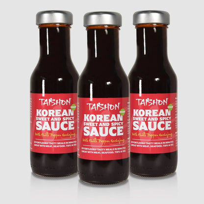 Half case of three Taishon Korean sweet and spicy vegan sauce bottles, ideal for cooking and marinating.