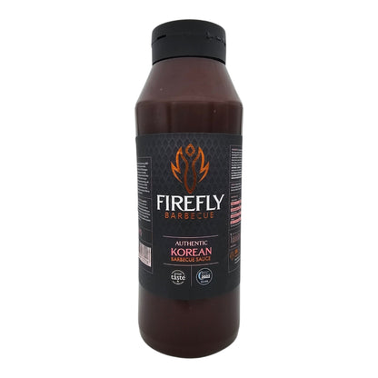 FireFly Barbecue Korean BBQ Sauce in a 1-liter bottle, showcasing the rich, savory sauce ideal for grilling and marinating.