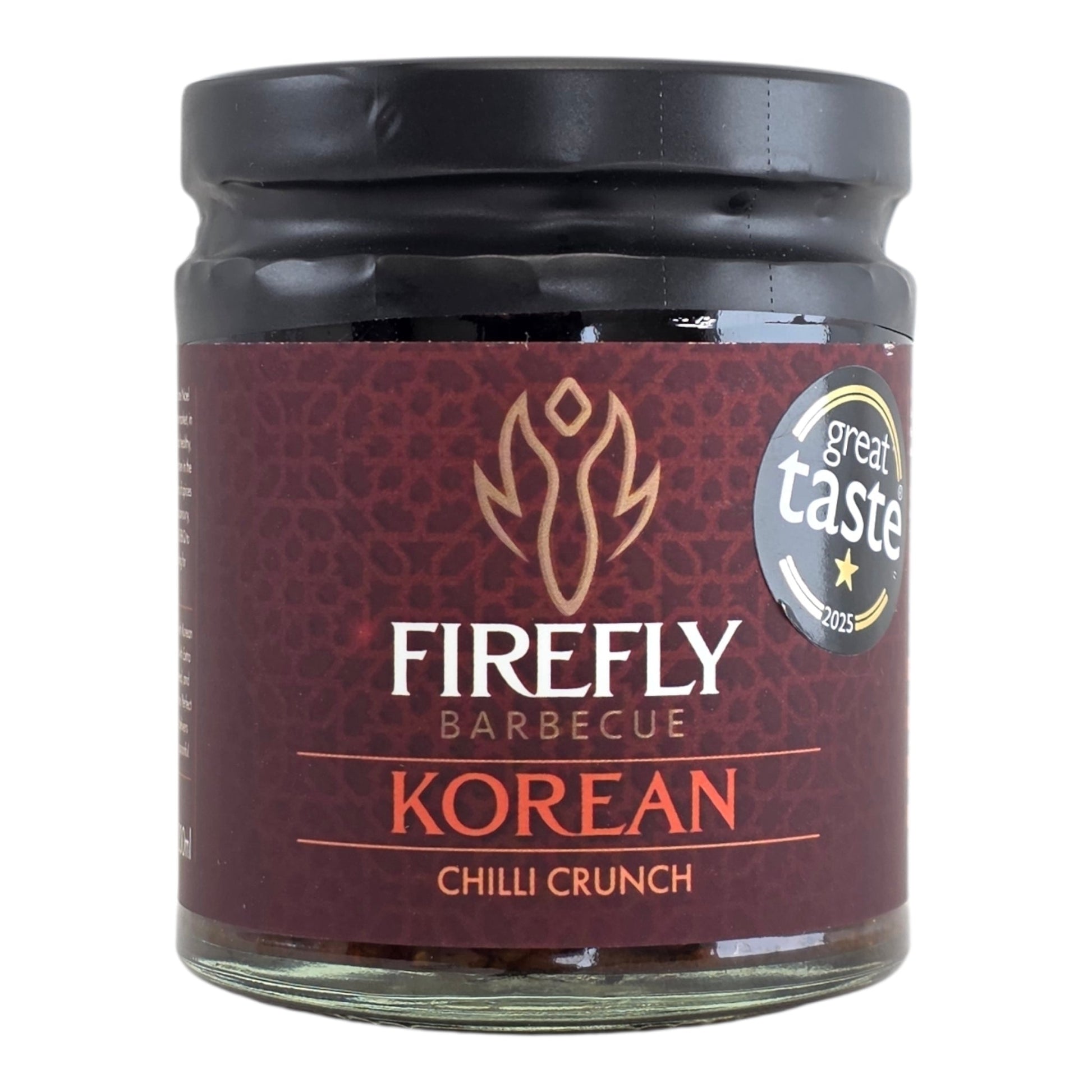 FireFly Barbecue Korean Chilli Crunch spicy hot sauce in a jar, showcasing vibrant red chili flakes and crunchy texture.