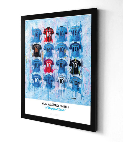 Limited edition signed print of Kun Agüero scoring a goal, created by Terry Kneeshaw Art, featuring detailed artwork of the moment.