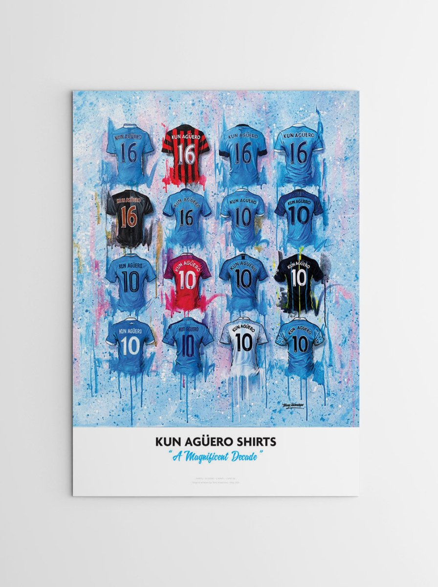 Limited edition signed print of Kun Agüero goal by Terry Kneeshaw Art, featuring vibrant artwork of the football legend.