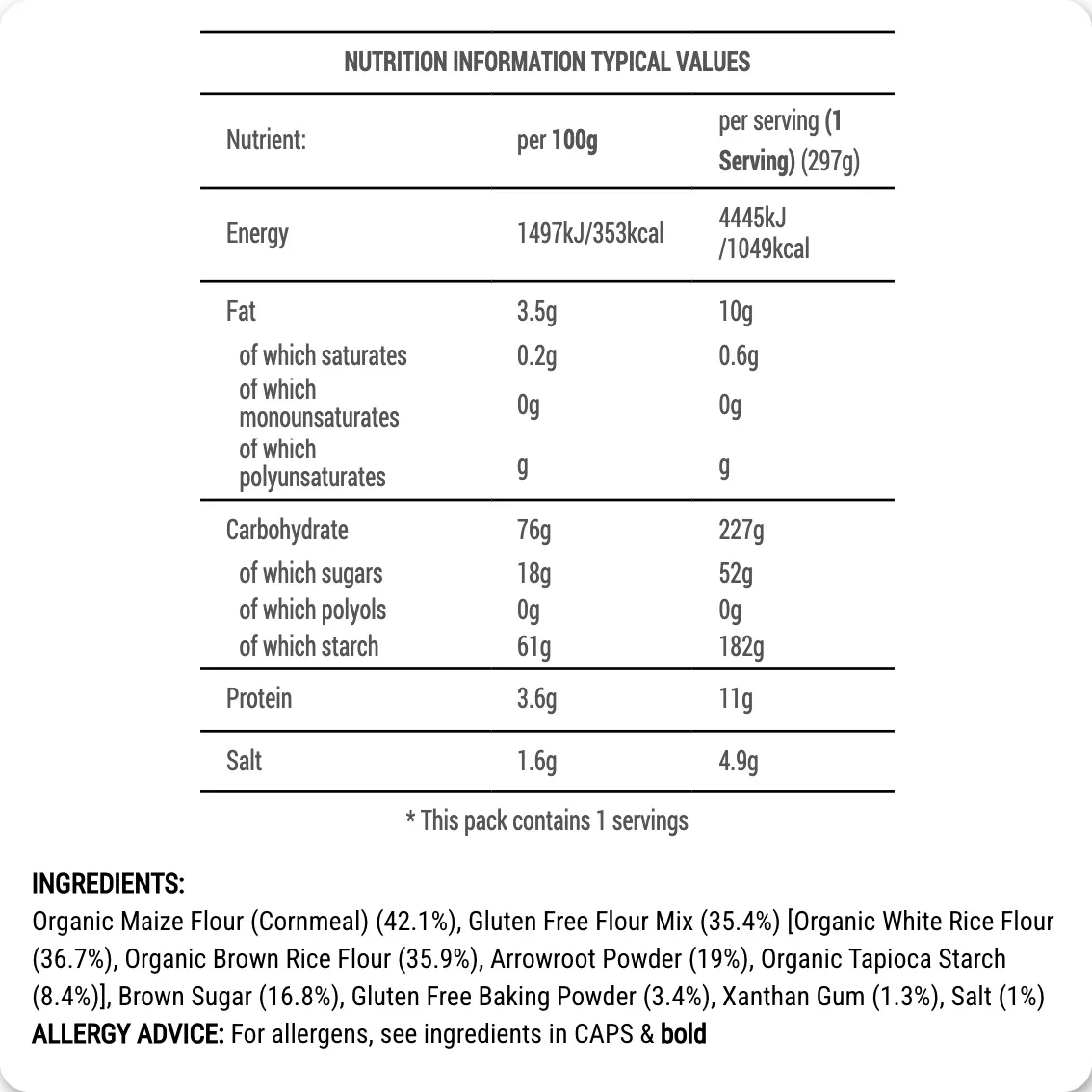 Label showing Simple Bake gluten-free cornbread premix, with ingredients and nutritional information on the packaging.