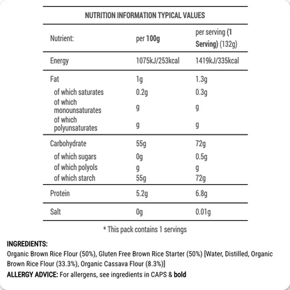 Simple Bake gluten-free cornbread premix label with brown rice starter powder, showing product packaging and ingredients.