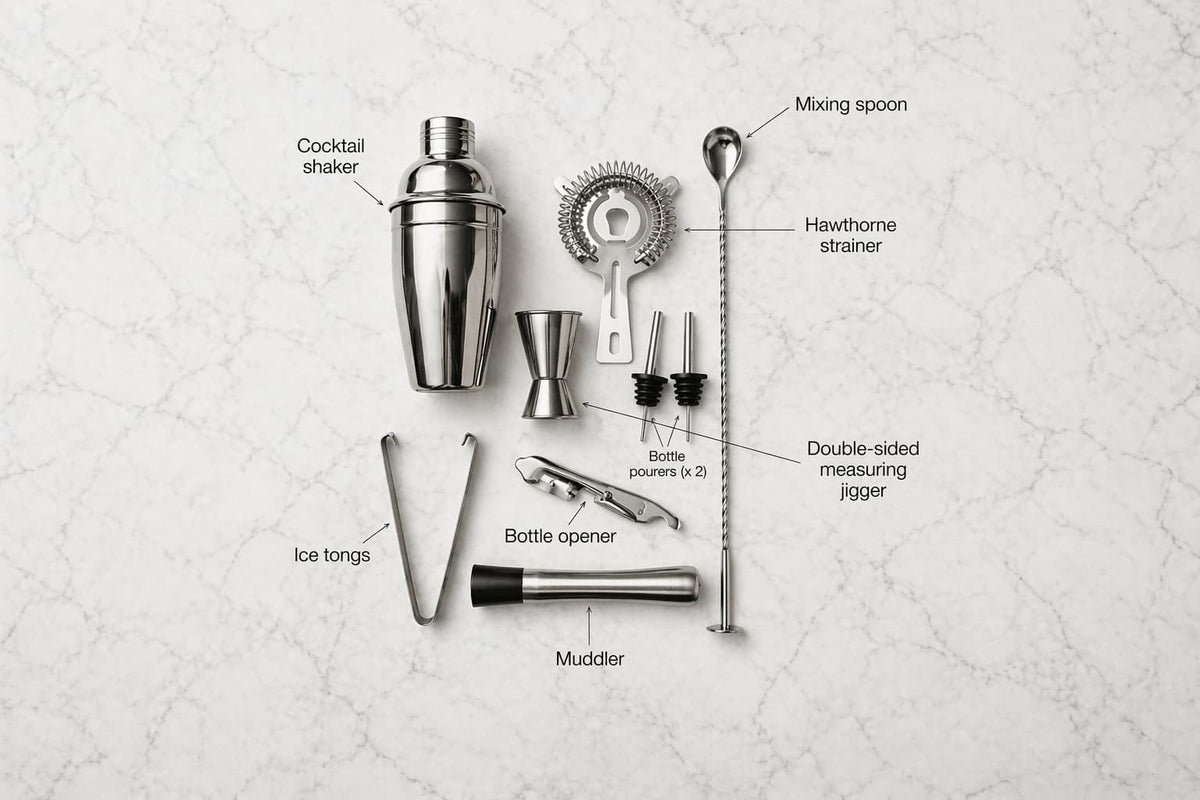 JoJo’s Kitchen cocktail making set with shaker, strainer, muddler, and accessories for home bartending.