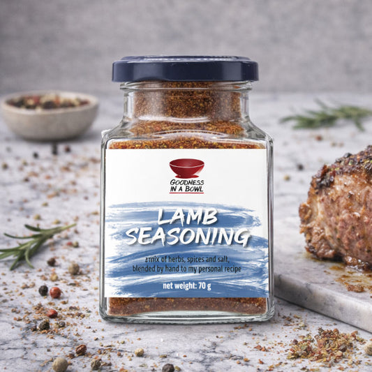 Goodness in a Bowl lamb seasoning rub with herbs and spices, perfect for flavorful lamb dishes.