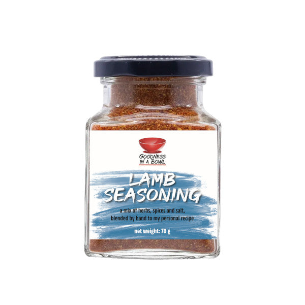 Goodness in a Bowl lamb seasoning rub in a jar, ideal for flavoring lamb dishes with herbs and spices.