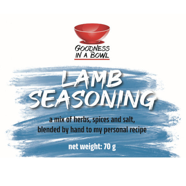 Goodness in a Bowl lamb seasoning rub in a jar, with spices and herbs for flavorful lamb dishes.