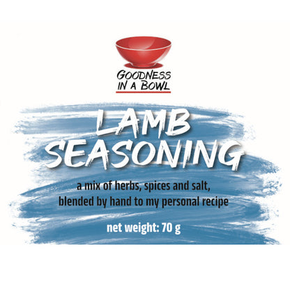 Goodness in a Bowl lamb seasoning rub in a jar, with spices and herbs for flavorful lamb dishes.