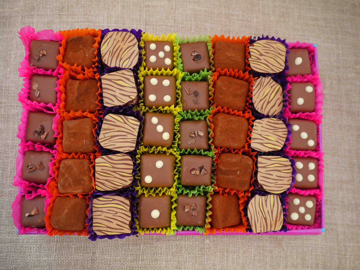 Gorvett & Stone milk chocolate selection box with assorted milk chocolate pieces in a gift box.
