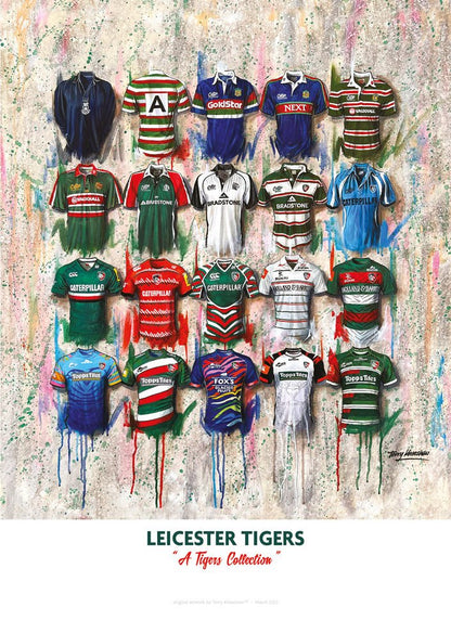 A2 signed limited edition print of Leicester Tigers shirts by Terry Kneeshaw Art featuring detailed rugby artwork.