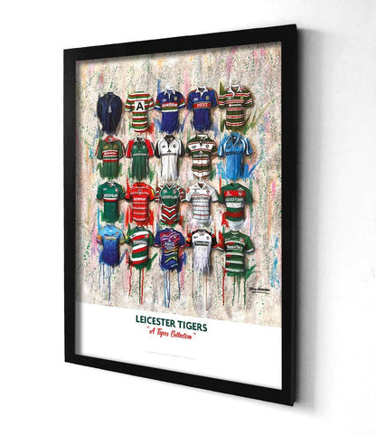 A2 signed limited edition print of Leicester Tigers shirts by Terry Kneeshaw Art, featuring detailed artwork of rugby jerseys.
