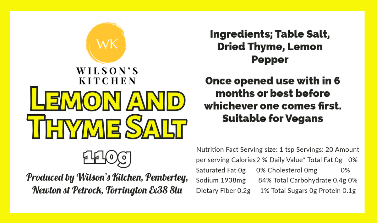 Wilson’s Kitchen Lemon and Thyme Salt, a jar of cooking ingredients with fresh lemon slices and thyme sprigs for seasoning.