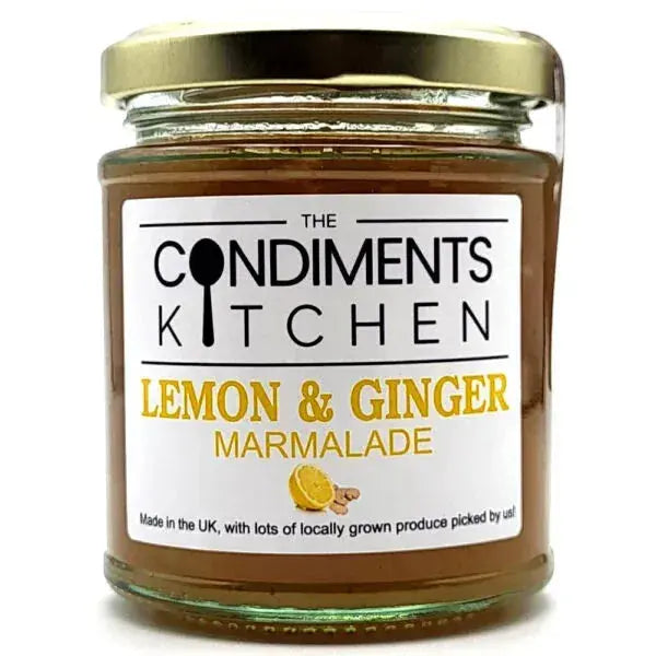 Jar of Lemon & Ginger Marmalade by The Condiments Kitchen with visible slices of lemon and ginger in the glossy spread