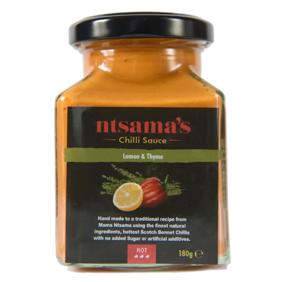 Mini chilli sauce taster set with lemon-flavored sauces from ntsama.co.uk displayed in small glass bottles.