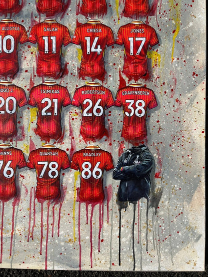 Limited edition Liverpool 24/25 Champions framed A3 print by Terry Kneeshaw Art, featuring vibrant team celebration imagery.