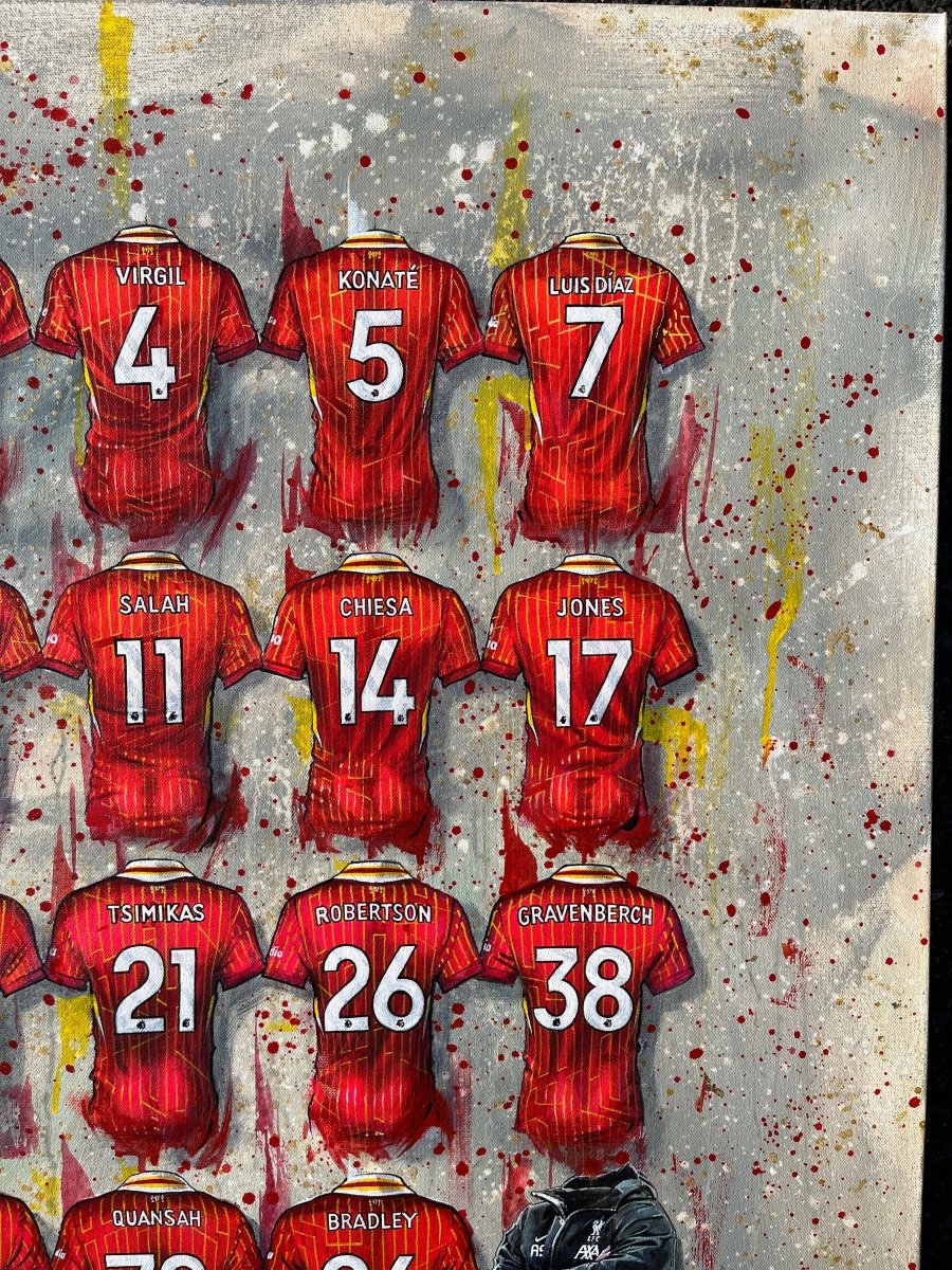 Limited edition Liverpool 24/25 Champions framed A3 print by Terry Kneeshaw Art, featuring vibrant sports artwork on canvas.