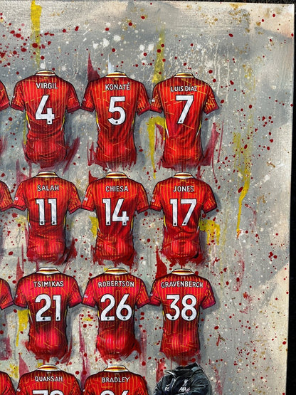 Limited edition Liverpool 24/25 Champions framed A3 print by Terry Kneeshaw Art, featuring vibrant sports artwork on canvas.