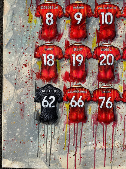 Liverpool 2024-25 Champions limited edition framed print by Terry Kneeshaw Art, featuring vibrant team celebration artwork on canvas.