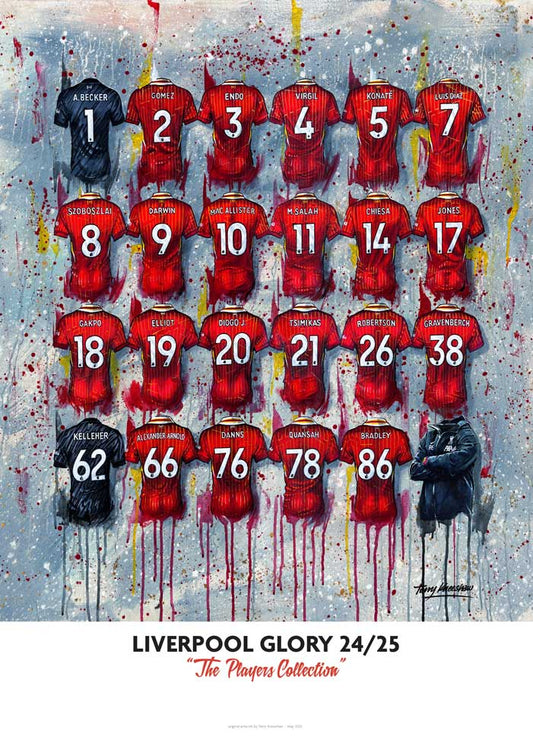 Limited edition Liverpool 2024-25 Reds shirt art print by Terry Kneeshaw, celebrating the team's Champions League success.