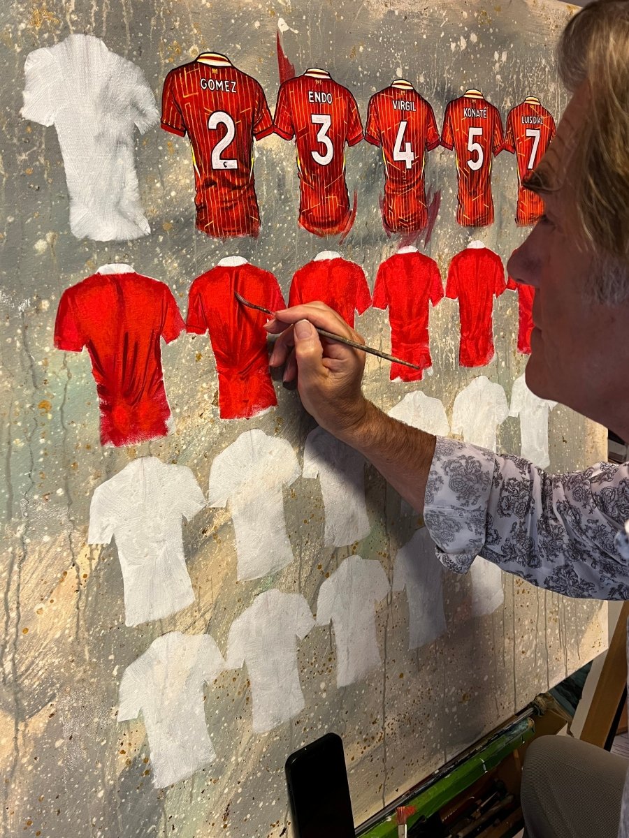 Limited edition Liverpool 2024-25 Reds shirt art print by Terry Kneeshaw, showcasing a vibrant design celebrating the team.
