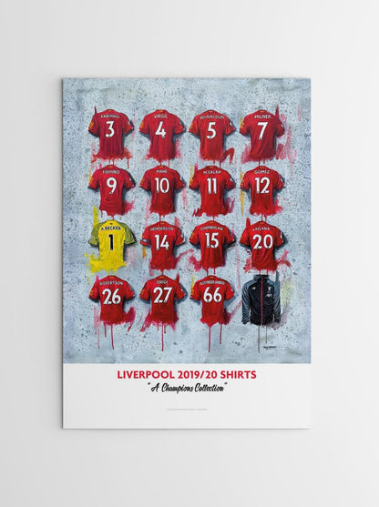 Limited edition A2 signed print of Liverpool FC 20/21 Champions shirts by Terry Kneeshaw Art, showcasing detailed team artwork.