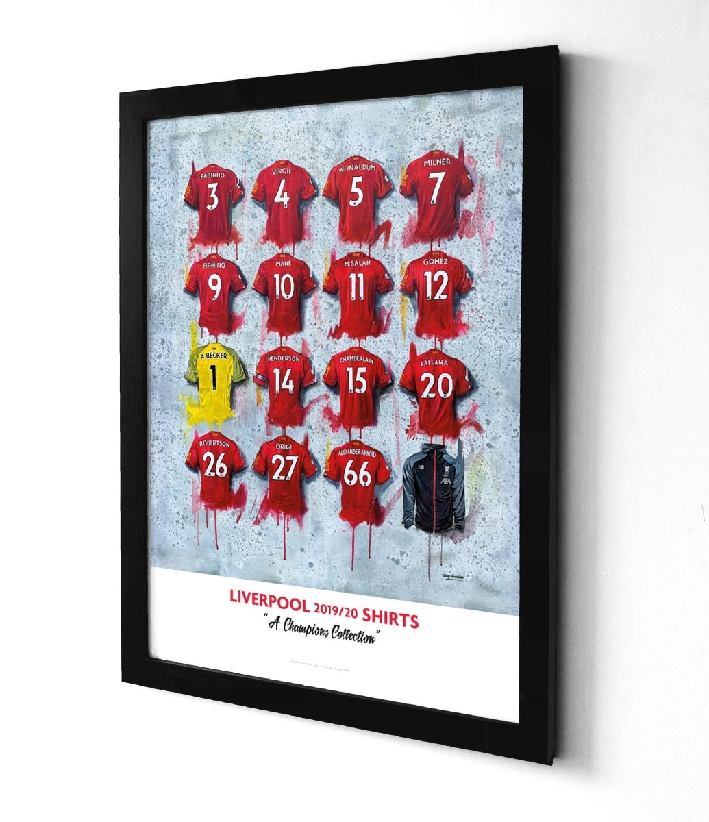 Limited edition A2 signed print of Liverpool FC 20/21 Champions shirts by Terry Kneeshaw Art, showcasing iconic team jerseys.