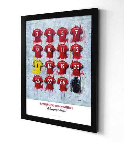 Limited edition A2 signed print of Liverpool FC 20/21 Champions shirts by Terry Kneeshaw Art, showcasing iconic team jerseys.