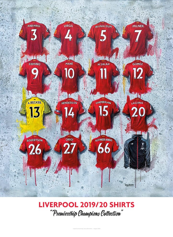 Limited edition Liverpool FC 20/21 Champions shirts A2 signed print by Terry Kneeshaw Art, featuring detailed team and signature artwork.
