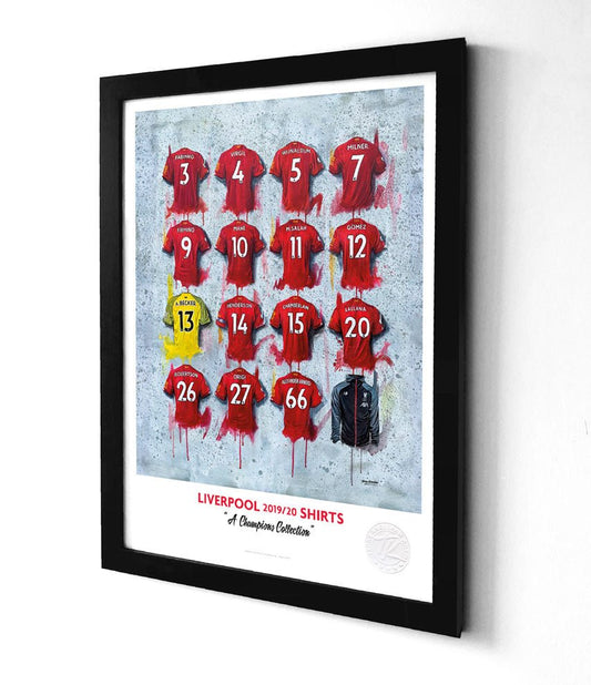 Limited edition Liverpool 19/20 Champions A3 framed print by Terry Kneeshaw Art featuring iconic Liverpool FC shirts wall art.