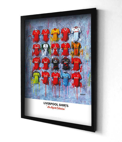 Limited edition signed print of Liverpool FC shirts by Terry Kneeshaw Art, featuring detailed artwork of iconic football jerseys.