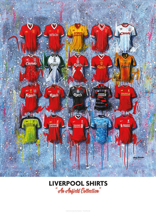 Liverpool FC shirts limited edition print by Terry Kneeshaw Art, featuring signed artwork of Liverpool football shirts.