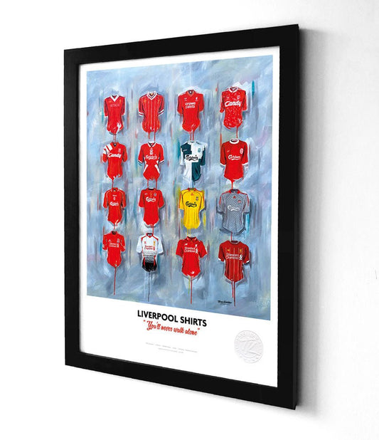 Limited edition Liverpool FC framed print by Terry Kneeshaw featuring iconic Reds shirts on a wall art display.
