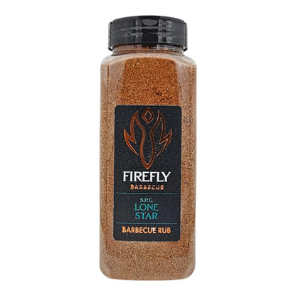 FireFly Barbecue Lone Star BBQ Beef Rub container, close-up shot showing the label and product packaging.