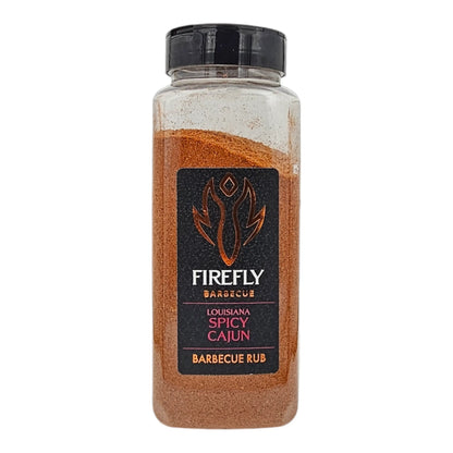 FireFly Barbecue Louisiana Spicy Cajun BBQ Rub in a jar, showcasing vibrant red seasoning with herbs and spices for bold flavor.