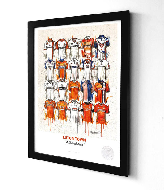 Limited edition A3 framed print of Luton Town football shirt by Terry Kneeshaw Art, showcasing vintage team design and colors.
