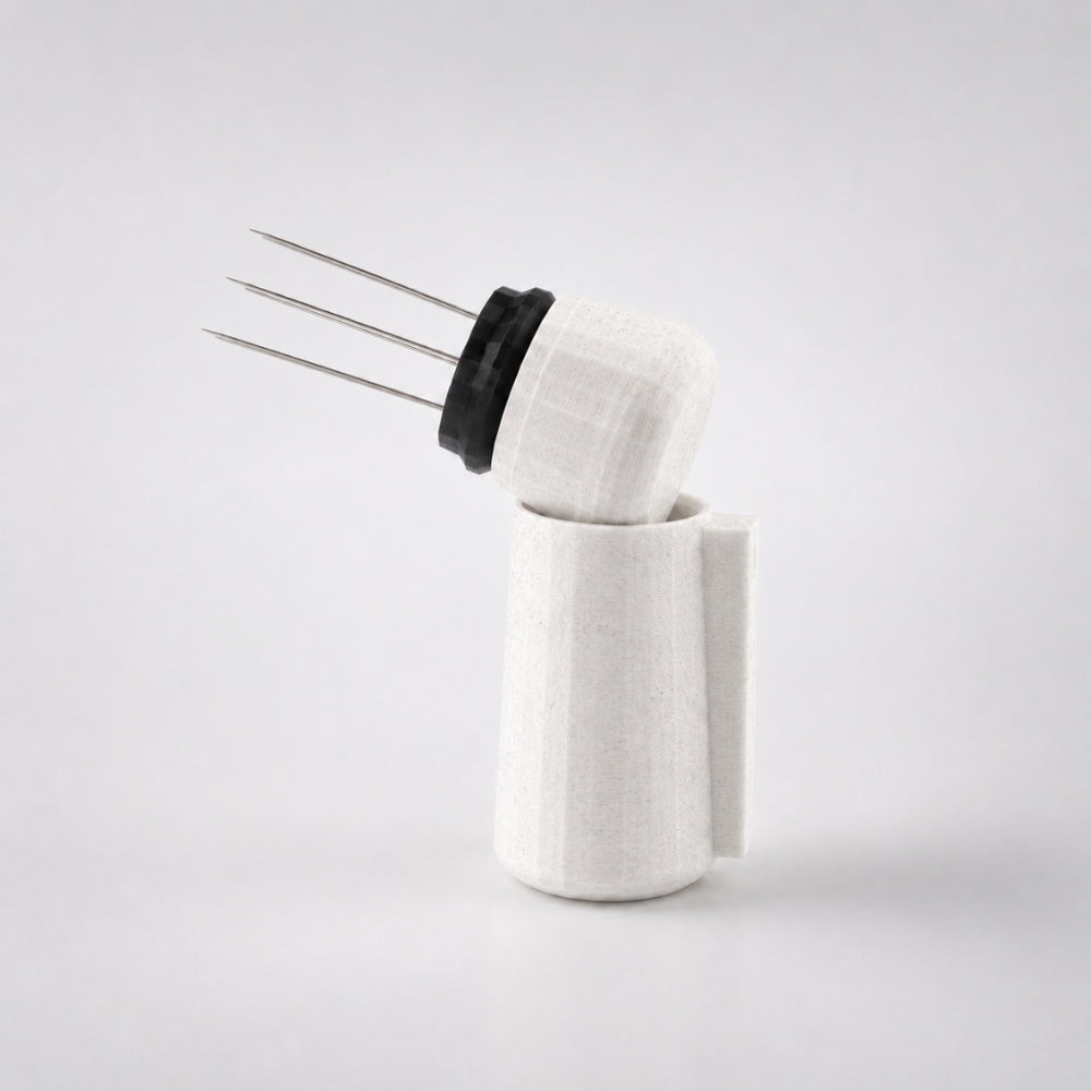 KNOCDIC® WDT tool with magnetic holder, featuring a marble white handle, used for woodworking and fine craft adjustments.