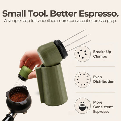 KNOCDIC® WDT tool with magnetic holder for coffee barista use, featuring a sleek stainless steel design and ergonomic handle