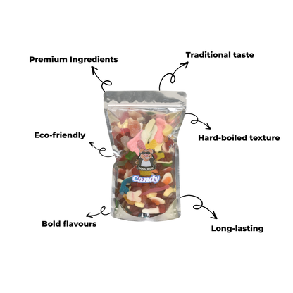 Colorful rainbow jelly mix candies in a resealable bag from Cool Hog Snacks, 1kg package, ideal for snacking and sharing.