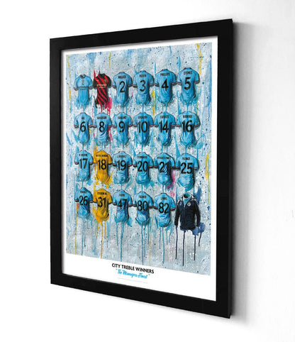 Limited edition Man City Treble Winners A2 print by Terry Kneeshaw Art, featuring signed City shirt wall art design.