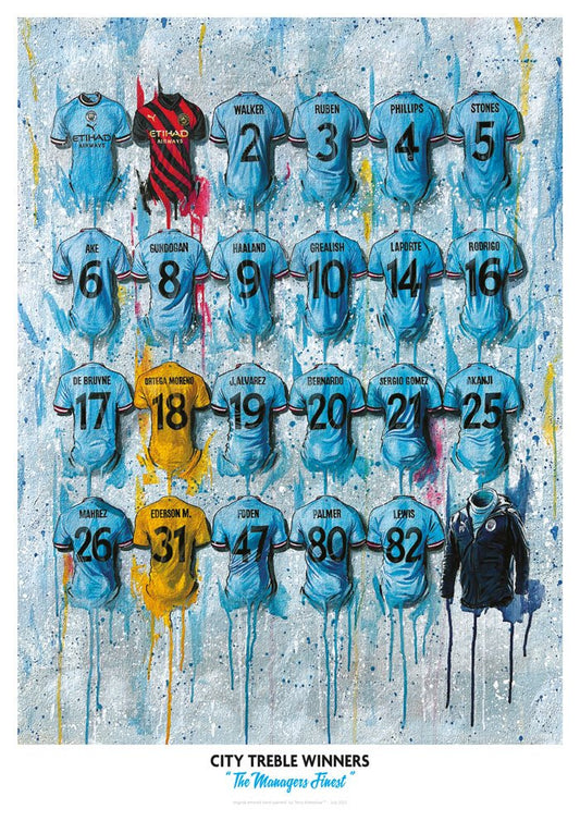 Limited edition Man City Treble Winners A2 print by Terry Kneeshaw Art, featuring signed City shirt wall art.