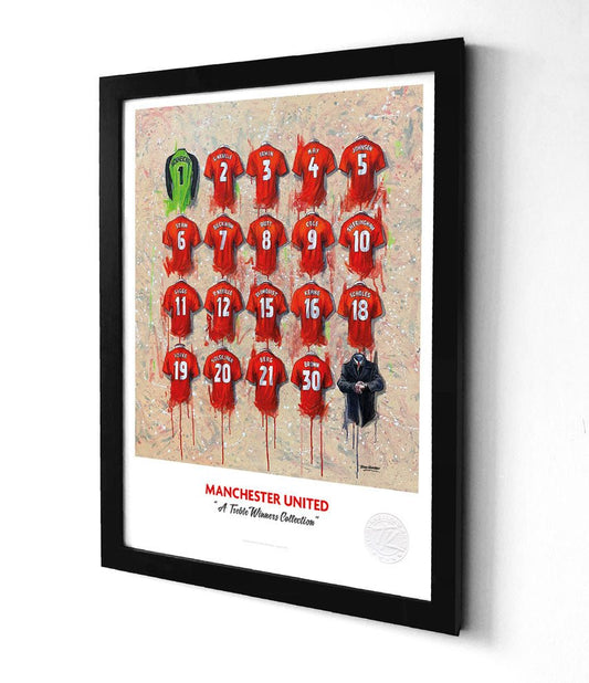 Limited edition Man United Treble A3 framed print featuring the 1999 shirt, created by Terry Kneeshaw Art, wall art for football fans.