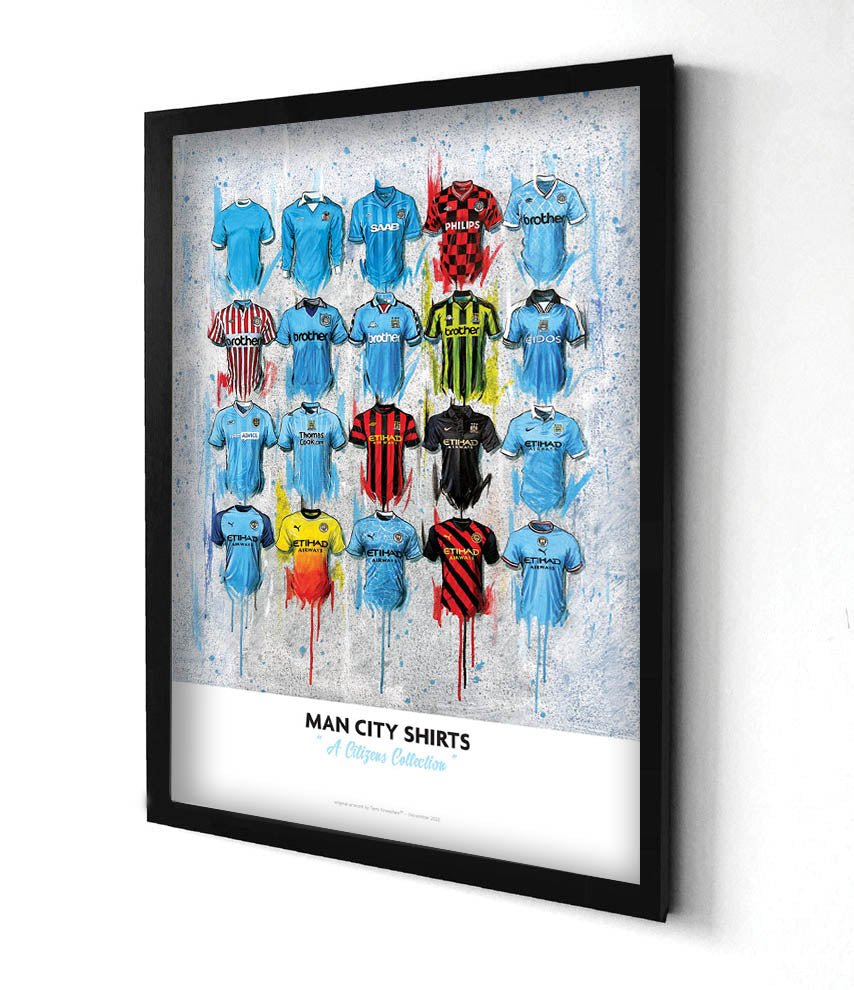Limited edition Manchester City FC 2022 shirts signed A2 print by Terry Kneeshaw Art, featuring detailed football memorabilia artwork.