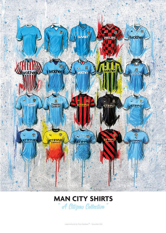 Manchester City FC 2022 signed limited edition A2 print by Terry Kneeshaw Art showcasing team shirts and signatures.