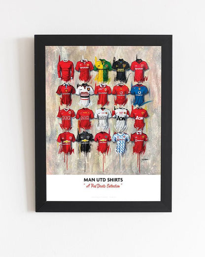 Manchester United FC signed limited edition A2 print by Terry Kneeshaw Art featuring team logo and iconic imagery.