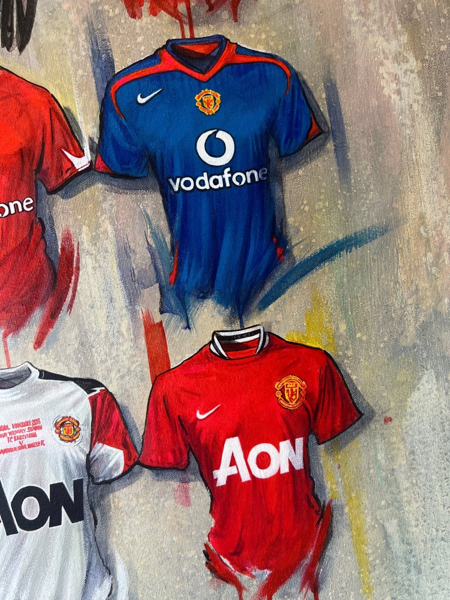 Manchester United FC signed limited edition print by Terry Kneeshaw Art, featuring iconic team imagery on A2 size paper.