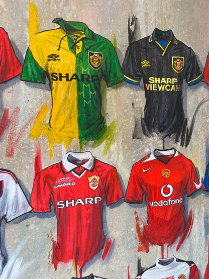 Manchester United FC signed limited edition A2 print by Terry Kneeshaw Art, featuring iconic team imagery.